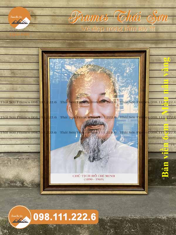 Mẫu ảnh chân dung Bác Hồ khổ 50x70cm viền 6cm màu nâu vàng