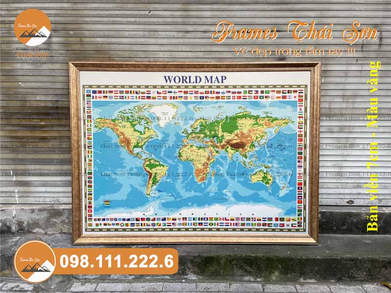 Mẫu khung tranh bản đồ khổ 120x170cm với viền 7cm màu vàng đồng