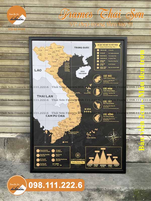 Mẫu khung tranh bản đồ khổ 60x90cm với viền 2cm màu đen trơn
