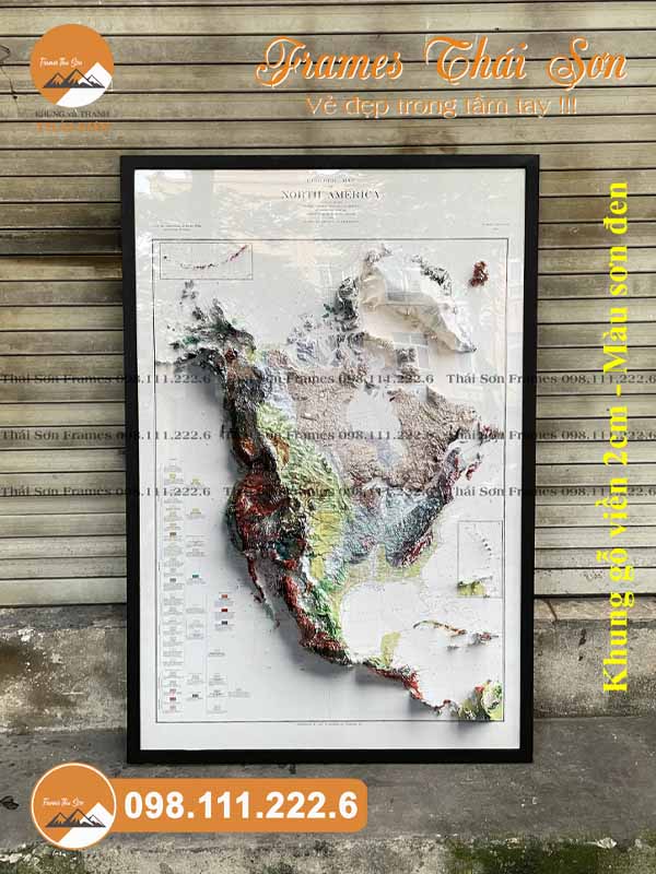 Mẫu khung tranh bản đồ khổ 60x90cm viền gỗ 2cm sơn màu đen