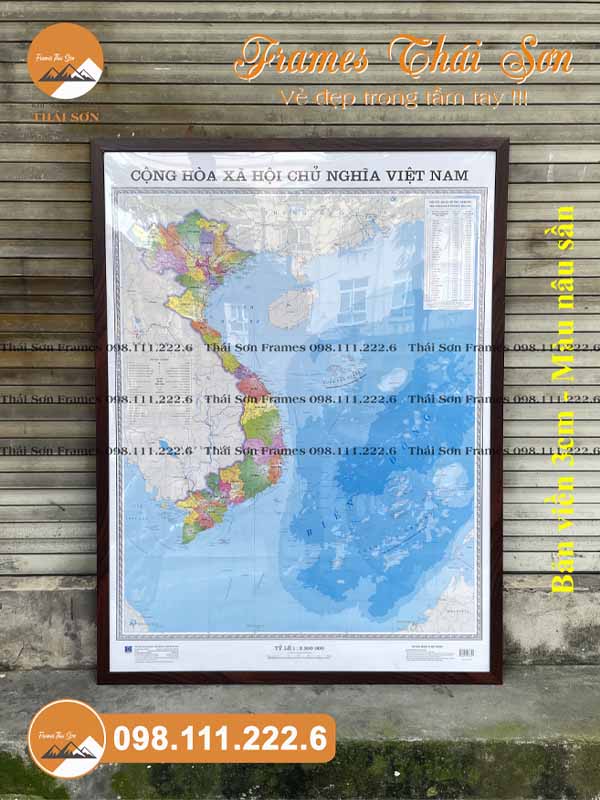 Mẫu khung tranh bản đồ khổ A0 với viền 3cm màu nâu sần