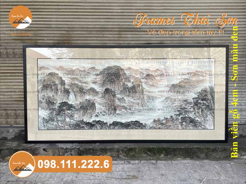 Mẫu khung tranh chữ khổ 70x180cm viền gỗ 4cm màu đen có bo giấy