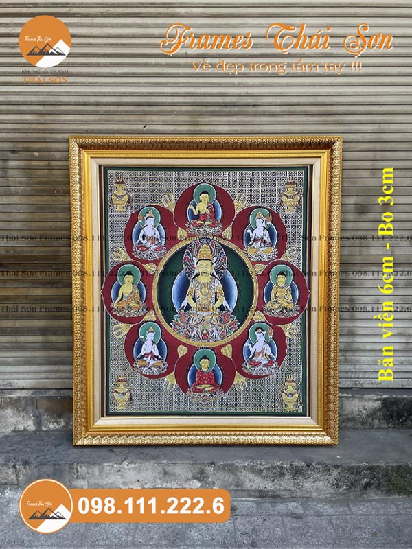 Mẫu khung tranh phật khổ 50x60cm bản viền 6cm lá bồ đề vàng với bo 3cm