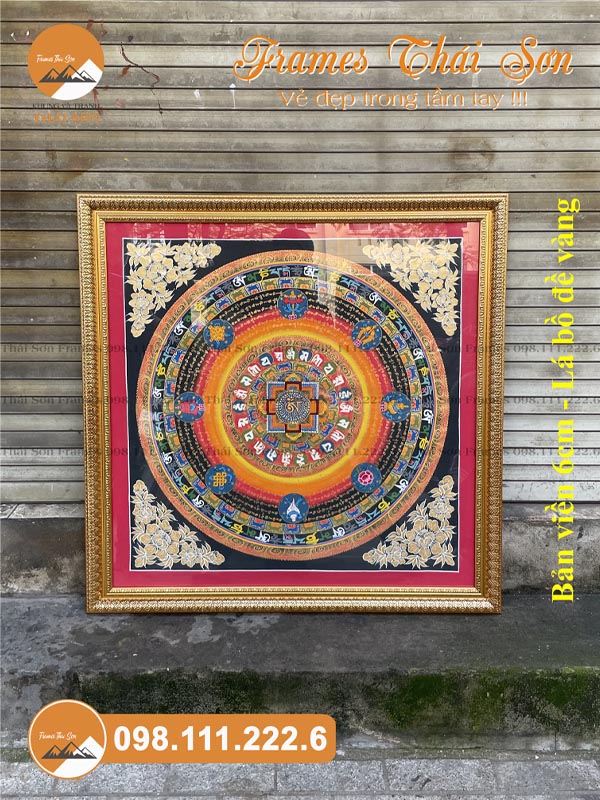 Mẫub khung tranh phật Mandala khổ 80x80cm bản viền 6cm lá bồ đề vàng