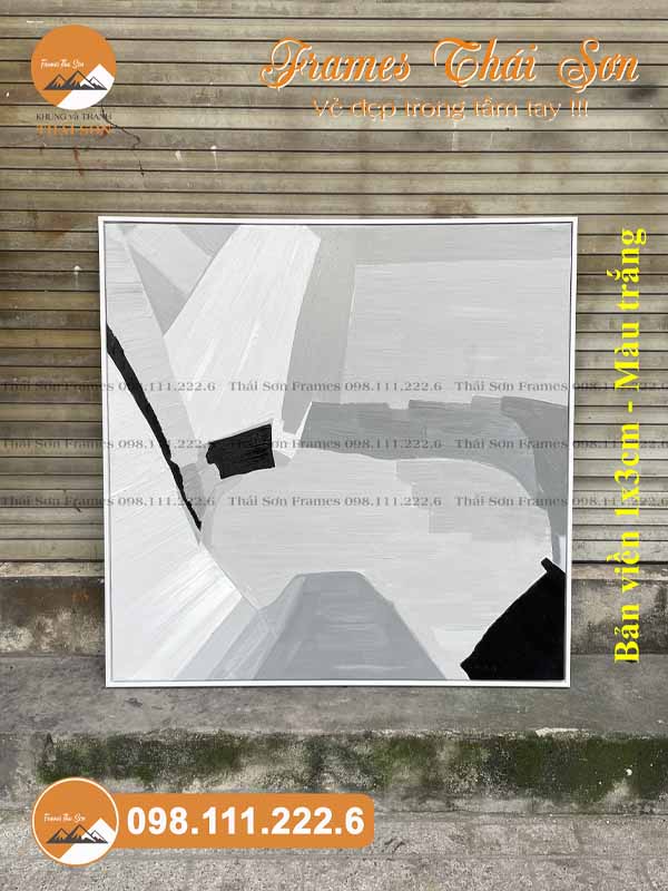 Mẫu khung tranh sơn dầu khổ 100x100cm viền thả lọt 1x3cm màu trắng